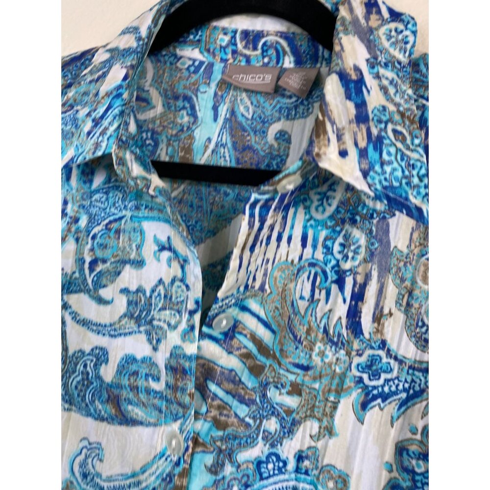 Chicos 2 Womens Paisley Button Up Top Size Large Crinkle Western Boho Blue Artsy - Picture 11 of 15